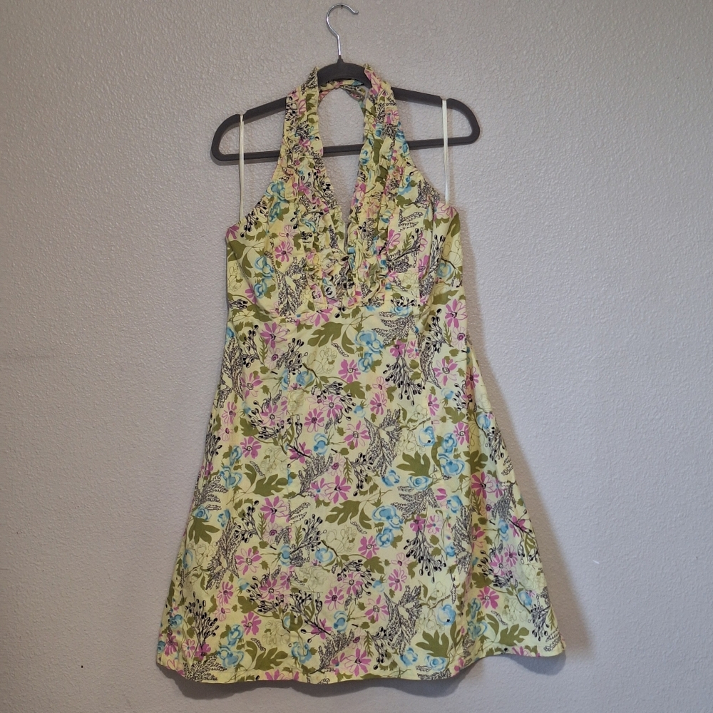 Newport News Y2K Floral Halter Dress Womens 16 Cotton Boho Cottagecore